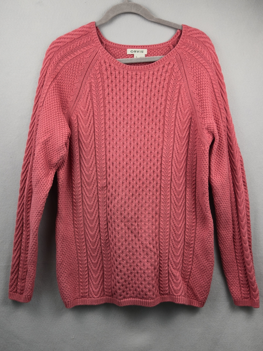 ORVIS Women Pink Cable Knit Sweater Raglan Sleeve Cotton Large